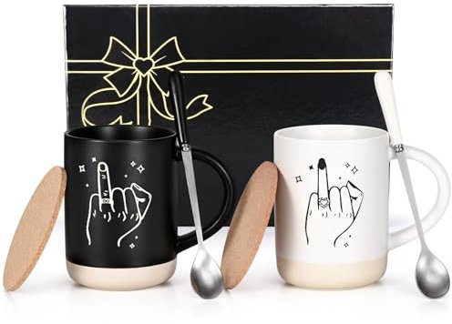 Joymaking Wedding Gifts: Coffee Mug Set, Engagement Rings for Couples - Bride & Groom Gifts, Newlywed & Anniversary Presents, 16Oz Black & White