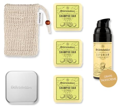 Störtebekker® Premium Dusch Routine Set - Festes Shampoo Citrus (x3), Sisalsäckchen, Seifendose + GRATIS Tagescreme - Shampoo Bar Set für Haare, Kopfhaut & Bart - Handgefertigt in Seifenmanufaktur