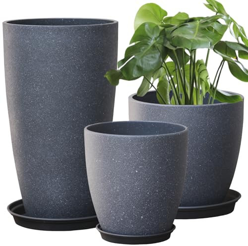 SE SUN-E Fioriere grandi in plastica con vassoio, set di 3 vasi alti rotondi con fori di drenaggio (finitura in cemento scuro)