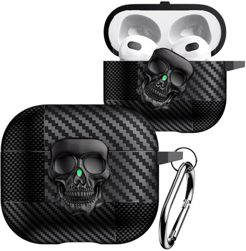 Fofvccv Compatibile con AirPods 3 Custodia Protettiva, Blocco Sicurezza Teschio Girevole 3D Design Guscio Rigido Antiurto in Fibra di Carbonio con Moschettone per AirPods 3rd Generation Skull Black