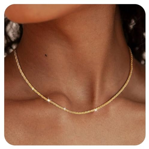 PEVRUAY Gold Silber 925 Kette Damen 14K Vergoldete Chain Halskette Silberkette 925 Ohne Anhänger Glitzernde Schlangenkette Singapurkette Ankerkette Perlen Verstellbare Choker Goldkette Schmuck Frauen