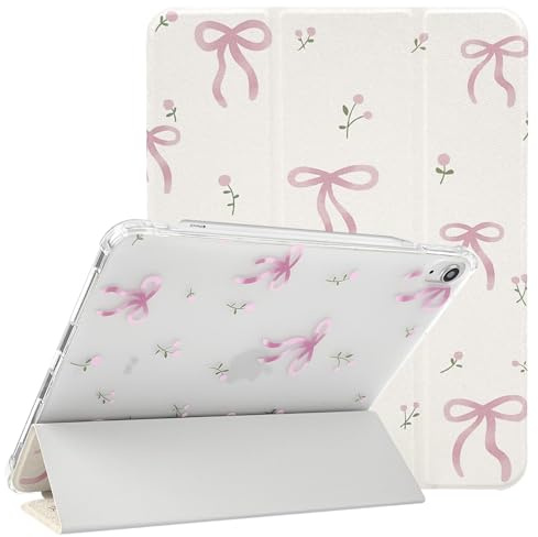 Lovmooful Hülle für iPad 10/11 (10.9/11) Schleife Blume-Weiß&Rosa | für iPad 10/11 (10.9/11,2022/2025),Cute Band Floral Design,Stifthalter,Ästhetisches Trifold Ständer Schutzhülle