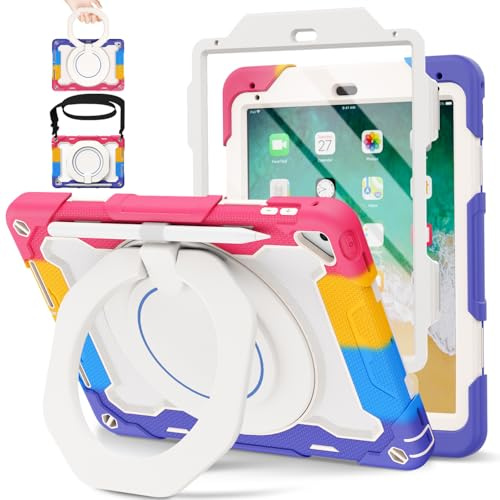 ROISKIN Kinder Hülle für iPad 6./5. Generation 9.7 Zoll: Stoßfeste Hülle für iPad Air 2/ Pro 9.7 2017/2018 mit mit Displayschutz & Drehbarer Ständer & Schultergurt & Stifthalter,Rosa