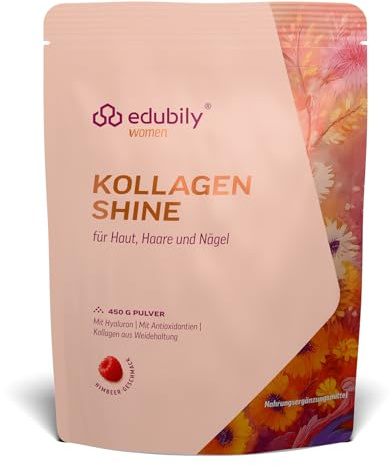 edubily® Kollagen Shine Drink - Beauty-Drink mit Kollagen Hydrolysat aus Weidehaltung, Hyaluronsäure, Vitamin E, Q10 & Biotin (450 g, Himbeere)