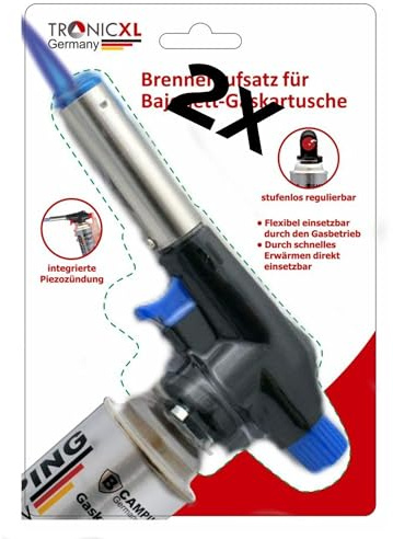 TronicXL 2 Stück Aufsatz Lötbrenner für Butan Gas Kartuschen - Löt brenner Gasbrenner Gasanzünder Lötlampe mit Piezozündung Bajonett Anschluss - OHNE Gaskartuschen