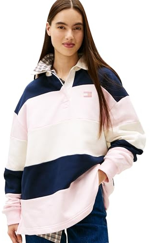 Tommy Jeans Damen Rugby-Pullover mit gesticktem Flaggen-Logo, mittelschwer, langärmelig, gestreift, Hellrosa/Streifen, M