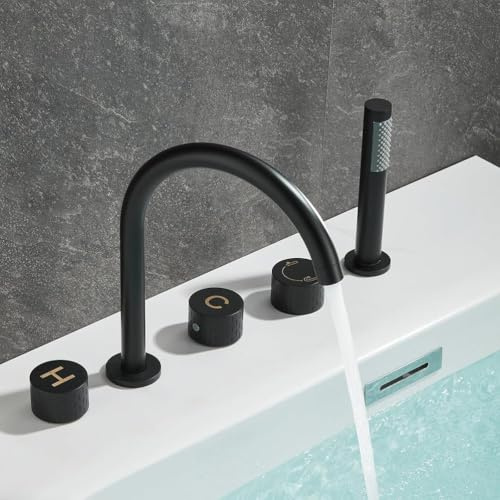 KUNYOS Badewannenarmaturen 5 Loch Wannenrandarmatur Armatur Dusche Badewanne 360° Drehbarer Auslauf Mischbatterie Dusche Mit Handbrause Dusche Zwei Griffe,Schwarz,A
