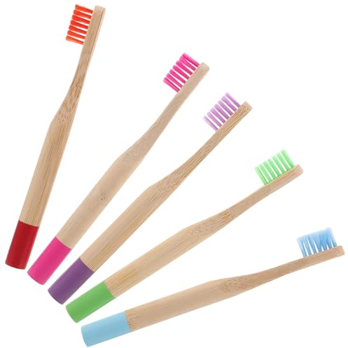 HOODANCOS 5 Stück Kinderzahnbürsten Bambus Holzgriff Weich Borsten Fein Tragbar Ergonomisch für Kleine Hände Reisezahnbürste Mundpflege Zufällige Farbe