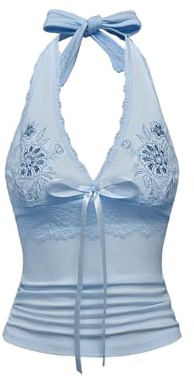 OYOANGLE Women's Y2k Halter Tops Floral Embroidery Going Out Top Light Blue