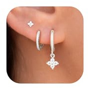 KINHOPI 3 Paar Ohrringe Set Damen, Silber/14K Vergoldet Creolen mit Hängend | Kleeblatt, Stern, Herz, Marquise Zirkonia Kleine Ohrstecker, Wasserfest Creolen, Mehrere Piercings, Schmuck Geschenke