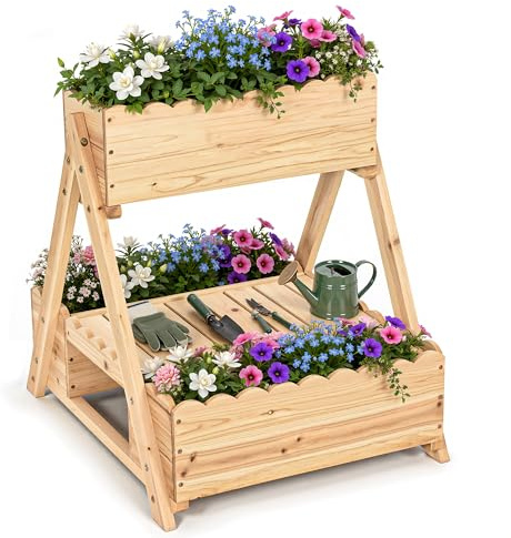 Pamapic 3 Etagen Hochbeet, Vertikal Hochbeet Holz mit Ablagefach & Drainagelöchern, Erhöht Blumenkasten für Gemüse, Blumen, Kräuter, Terrasse, Garten, Balkon, 58 x 67 x 60 cm, Natur