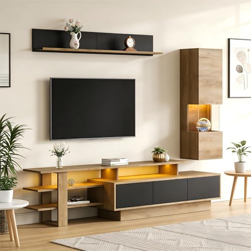 DACHETOU Set parete TV 3 pezzi, set di mobili da soggiorno, parete frontale, 1 mobile TV con 3 cassetti, 1 vetrina per soggiorno, 1 mensola pensile, nero + colore legno naturale