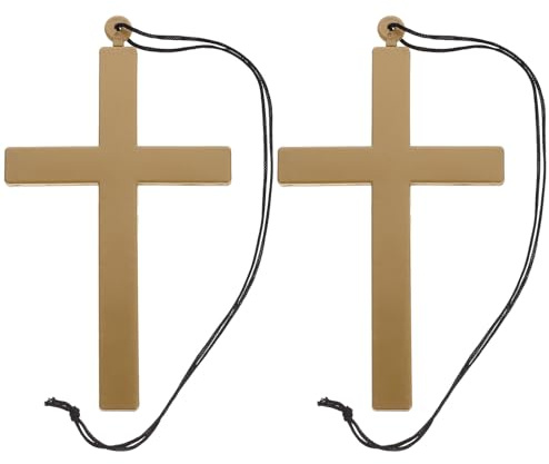 Kreuzanhänger 2 Stück aus Polyester und Holz, Halloween Mottoparty | Priesteraccessoire für Schultheater und Cosplay Events, Leichtes Cord Design, Goldfarbene Optik
