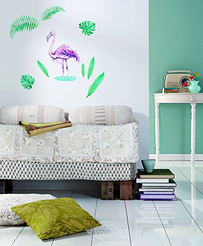 Komar Deco-Sticker | FLAMINGO | 50 x 70 cm | Wandtattoo, Wandbild, Wandsticker, Wandaufkleber, Walltattoo, Vogel, Blatt, Tropical, Dschungel, Aquarell | 17057h