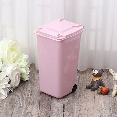 Milue Mini Wheelie Trash Can Pen Holder Storage Bin Desktop Organizer Garbage Bucket Light Red