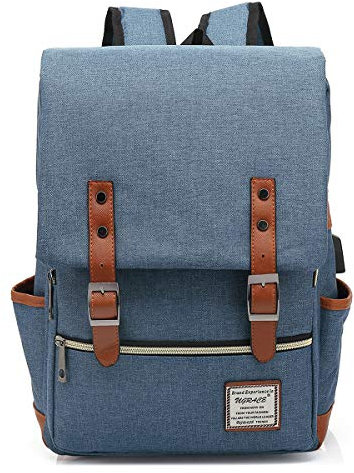 UGRACE Vintage Laptop Backpack with USB Charging Port, Elegant Water Resistant Travelling Backpack Casual Daypacks College Shoulder Bag for Men Women, Fits up to 15.6Inch Laptop in Blue
