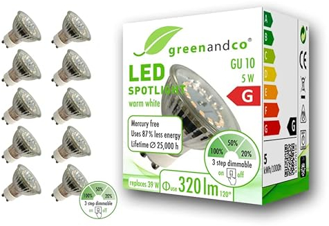 greenandco 10x GU10 LED Spot | dimmbar ohne Dimmer | 5W 320 lm | 3000K warmweiß | 110° | 230V | CRI 90+ | flimmerfrei