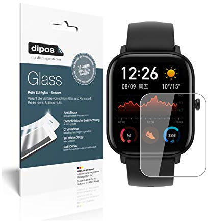 dipos I 2X Displayschutz klar kompatibel mit Huami Amazfit GTS Schutzfolie 9H Anti-Shock (bewusst Kleiner als das Glas, da Dieses gewölbt ist)