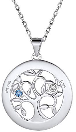 Personalised 925 Sterling Silver Family Tree of Life Necklace with Choice of Birthstone Setting Custom Engraving Name Two 2 Birthstone Tree Circle Pendant Necklace for Teen Girls