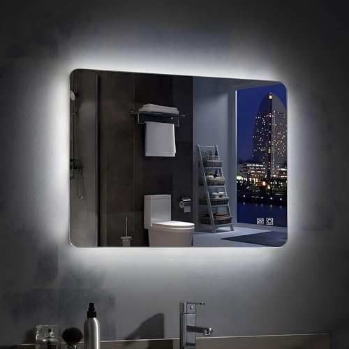 MIQU Badezimmerspiegel 70x50cm LED Badspiegel mit Beleuchtung kaltweiß Lichtspiegel Wandspiegel mit Touch-Schalter beschlagfrei IP44 energiesparend MIC