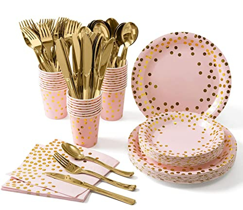 141 Stück Rosagold Partygeschirr Pappbecher Pappteller Set, Wiederverwendbar Papier Geschirr Set einschließlich Tischdecke Teller Becher Servietten zum Geburtstag, Hochzeiten, Jubiläums -20 Gäste