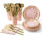 141 Stück Rosagold Partygeschirr Pappbecher Pappteller Set, Wiederverwendbar Papier Geschirr Set einschließlich Tischdecke Teller Becher Servietten zum Geburtstag, Hochzeiten, Jubiläums -20 Gäste