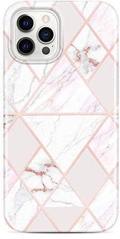 JAHOLAN Shiny Rose Gold Metallic Marble Design Clear Bumper TPU Soft Rubber Silicone Cover Phone Case for iPhone 12 Pro Max 6.7 inch White Pink