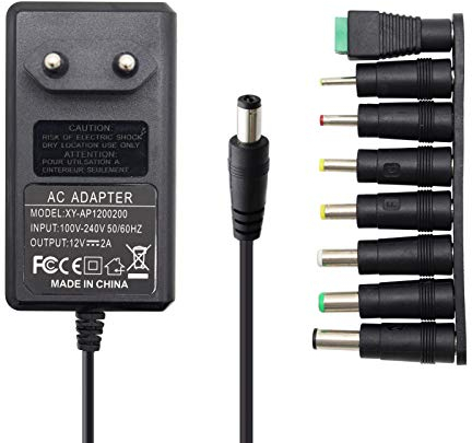 Abakoo Universalnezteil 12V 2A Ladegerät Ladekabel, AC Adapter 24W für 12V-Geräte LED Streifen, Lautsprecher, TP-Link, CCTV-Kamera, Set-Top-Box, Router 5,5/2,1mm Netzteil- 140cm, mit 8 Stecker