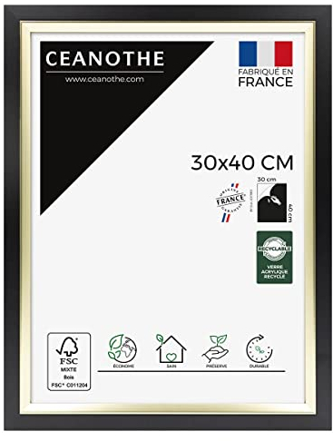 Ceanothe Cadre Photo 30x40 cm Noir et Doré Convient au A4 Baguettes avec finition intérieure de la Collection Actual Verre acrylique Incassable Fabriqué en France