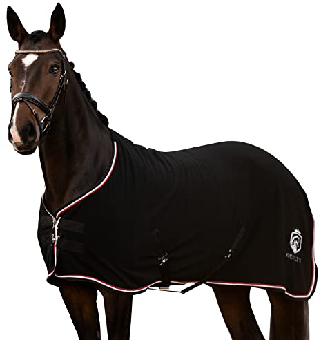 EQUILYX® Abschwitzdecke Pferd mit Kreuzgurten [perfekte Passform] Fleecedecke Stalldecke Transportdecke wärmend feuchtigkeitsabsorbierend atmungsaktiv (Schwarz, 135cm)
