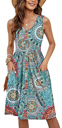 MOLERANI Damen Floral Work Casual Kleider Boho Sun Dress(Print Grün,M)