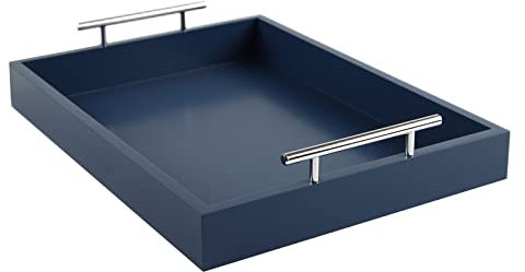 JJSQYLAN Wooden Serving Tray with Handles Rectangle Breakfast Tray for Coffee Table Decorative Ottoman Tray 16”x 12” for All Occasion's (Blue)