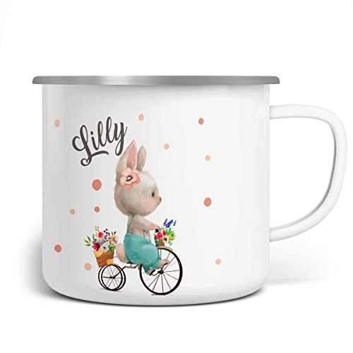 miKalino Emaille Tasse Mädchen - Trinkbecher Kinder personalisiert - Emaille Becher mit Hasen-Motiv - Kindertasse mit Namen - Kindertasse bedruckt - Emaille Becher Weiß
