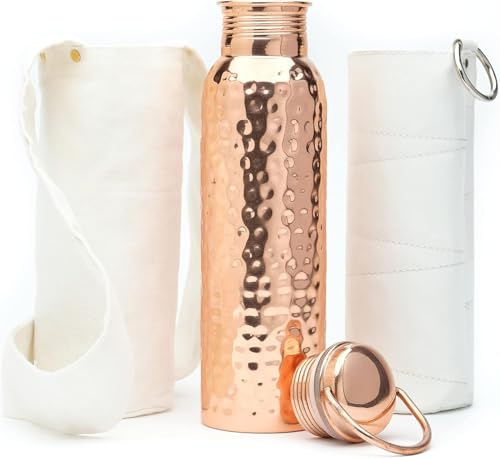 Kitchen Science - Gift Set Pure Hammered Copper Water Bottle 34 oz With Handle, Canvas Sleeve & Sling