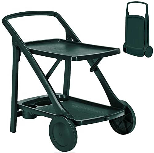 BAKAJI Carrello Cucina Portavivande da Esterno Giardino Struttura Pieghevole in Resina Dura con 2 Ripiani Vassoi Portabottiglie 3 Spazi Ruote e Manico per il trasporto Design Moderno Colore Verde