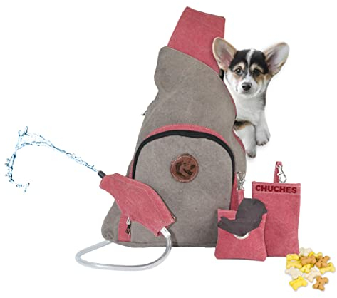 Mochila para Perros con Botella Pipi Perros, con Bolsa Premios Perro y Compartimento para Bolsas Caca - Mochila Perro Completa - Mochilas Perros - Mochilas para Perros - Mochila Perros (Marrón y Rosa)