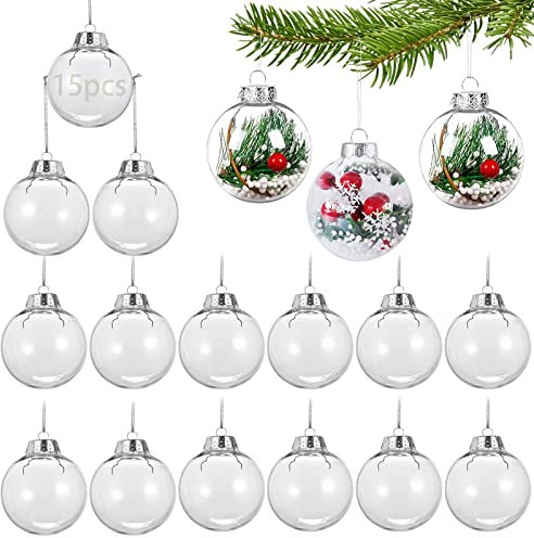 15 Stücke Klar Weihnachtskugeln, 6 cm Weihnachtsbaumkugeln, DIY Kugeln Acrylkugeln, BefüLlbare Kunststoff-Kugel, Rund Weihnachtskugeln, Weihnachten Deko für Christbaumschmuck, Party-Dekorationen
