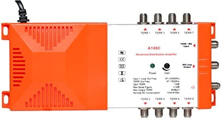 HUIOP Amplificatore di distribuzione professionale a 8 vie con TV terrestre loop-through IRS e amplificatore di distribuzione radio 87-2350 MHz Antenna TV Ripetitore di segnale A basso rumore Alto gua