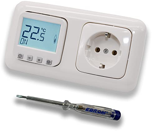 Halmburger Raumthermostat Raumtemperaturregler ERD-1Urg DIGITAL in Busch Jäger Reflex SI alpinweiß Rahmen + Steckdose 20EUC-214 + EBROM Phasenprüfer zur Montage der Geräte ERD-1U (rg) Fußbodenheizung