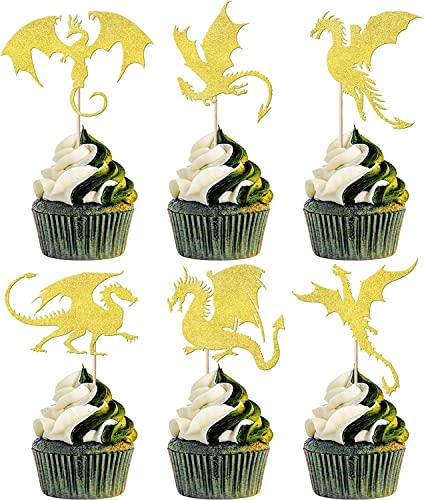 24 Stück Drachen Tortendeko Glitter Fantasie Geburtstag Cake Toppers für Fliegende Drachen Thema Baby Dusche Kinder Geburtstag Party Kuchen Dekorationen Zubehör Gold