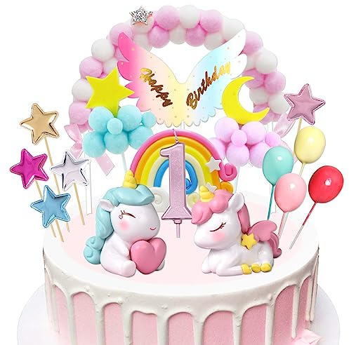 Einhorn Tortendeko 1. Geburtstag Mädchen, Einhorn Kuchendeko mit Kerze 1 Jahr, Einhorn Figuren Cake Topper 1. Geburtstag, Einhorn Torten Deko für Mädchen