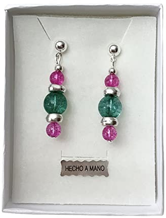 Anhur Pendientes Cristal Verde Fucsia Cierre a Presión Color Plata Pendientes Colgantes Mujer