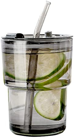Glastassen mit Deckel und Strohhalm, Eiskaffeebecher, Auslaufsichere Wasserbecher Glas Tasse Geburtstagsgeschenke für Frauen Männer, Dickwandig isoliert für Kaffee Tee 13oz/400ml(grau)