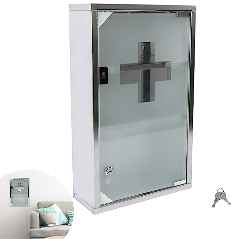 YRHome Armadio per medicinali in acciaio inox, 3 scomparti con porta in vetro e serratura chiudibile a chiave, armadietto per medicinali, primo soccorso, armadietto delle medicine, 50 x 30 x 12 cm