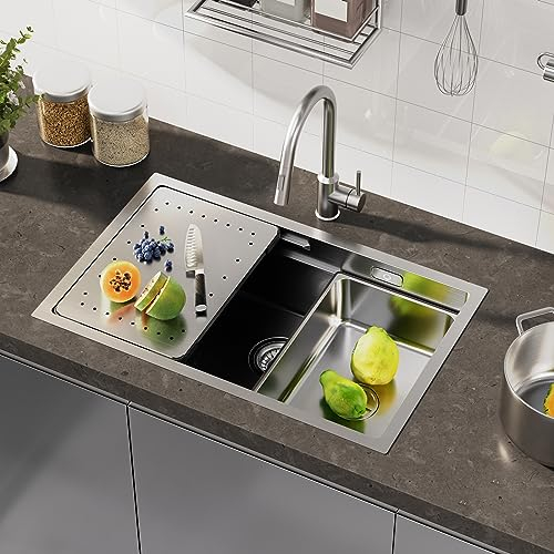 CECIPA Spülbecken Edelstahl, 70 x 44 cm Unterbau Montageart arbeitsplatz küchenspüle, inkl. Ersatz-Innenspüle, Schneidebrett, Siphon, Über- und Ablauf-Set, Einbauspüle für ab 80 cm Küchenschrank