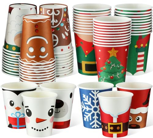Layhit 120 bicchieri di carta usa e getta di Natale, bicchieri di carta per caffè, Babbo Natale, elfo, pupazzo di neve, alce, bevande calde e fredde, per uso quotidiano, vacanze, tè, cacao, bevande