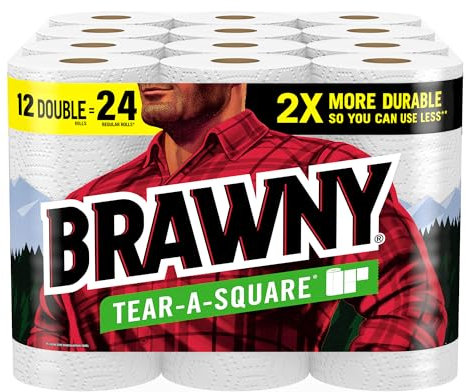 Brawny Tear-A-Square Papierhandtücher, 12 Doppelrollen = 24 normale Rollen, 3 Blattgrößen (Viertel, halb, voll), Stärke für alle Verschmutzungen, Reinigung und Mahlzeitenvorbereitung