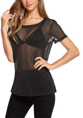 EMOTTOS Mujeres Sexy Tops de Encaje, Brillante Slim Fit Tul Transparente de Malla de Manga Corta, Cuello Redondo Ver a través de Camisas para Las Mujeres, Mujer Sexy Leotardo Clubwear(C1-Black)