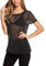 EMOTTOS Women's Sexy Lace Tops, Shiny Slim Fit Tulle Mesh Short Sleeve Top, Round Neck See Through Shirts for Women, Female Sexy Leotard Silver Thread Clubwear(C1-Black-XL)