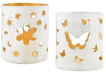 2er Set Windlicht Blume Schmetterling | Metallwindlicht weiß Gold | 9x10 cm
